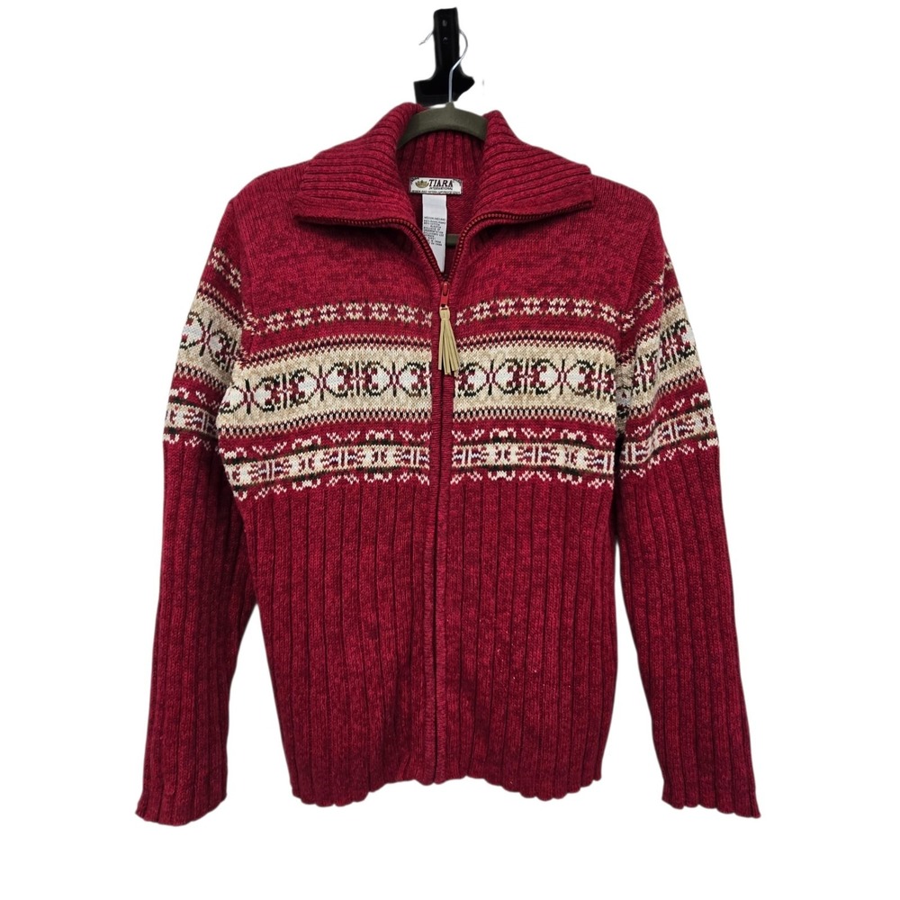 Vintage 90s Y2K Tiara Full Zip Up Ribbed Cardigan Sweater Womens M Red Nordic